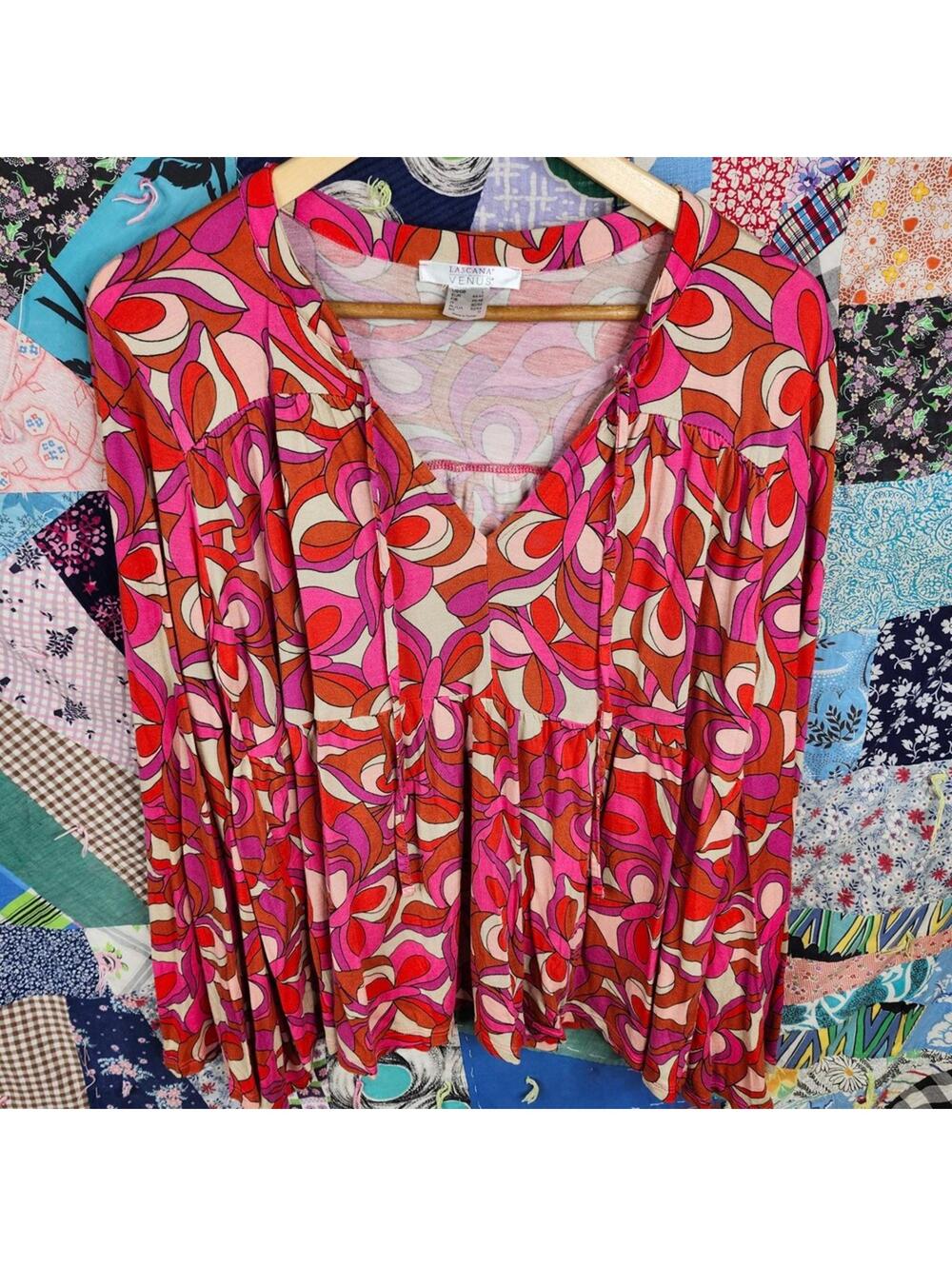 Lascana Venus Floral Print Long Sleeve Blouse Flowy Top Pink Orange 44/46